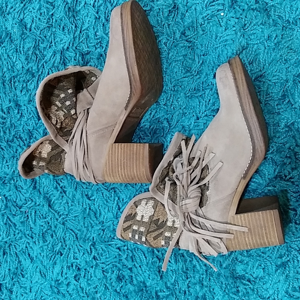 MTNG Taupe Suede Fringe Ankle Boots with Patterned Cuff
